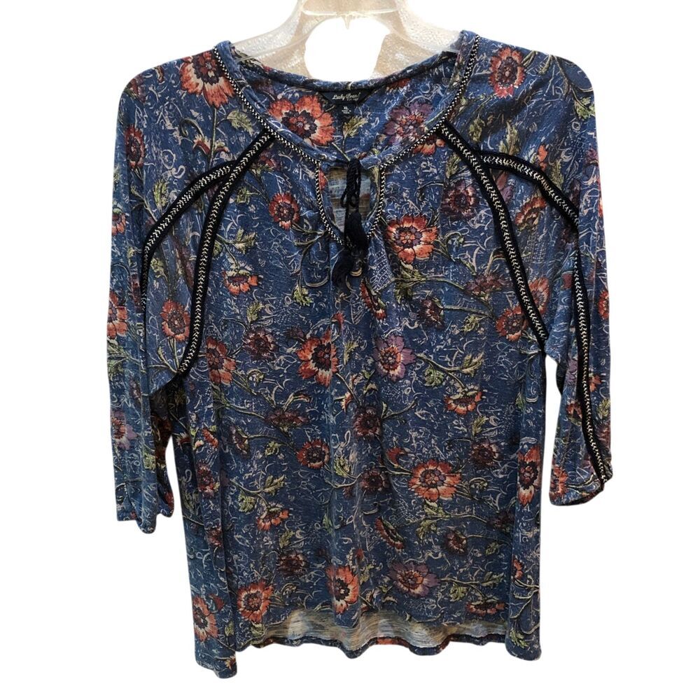 Lucky Brand Womens Size XL Blue Floral Tassel 3/4 Sleeve Top Blouse Boho Shirt